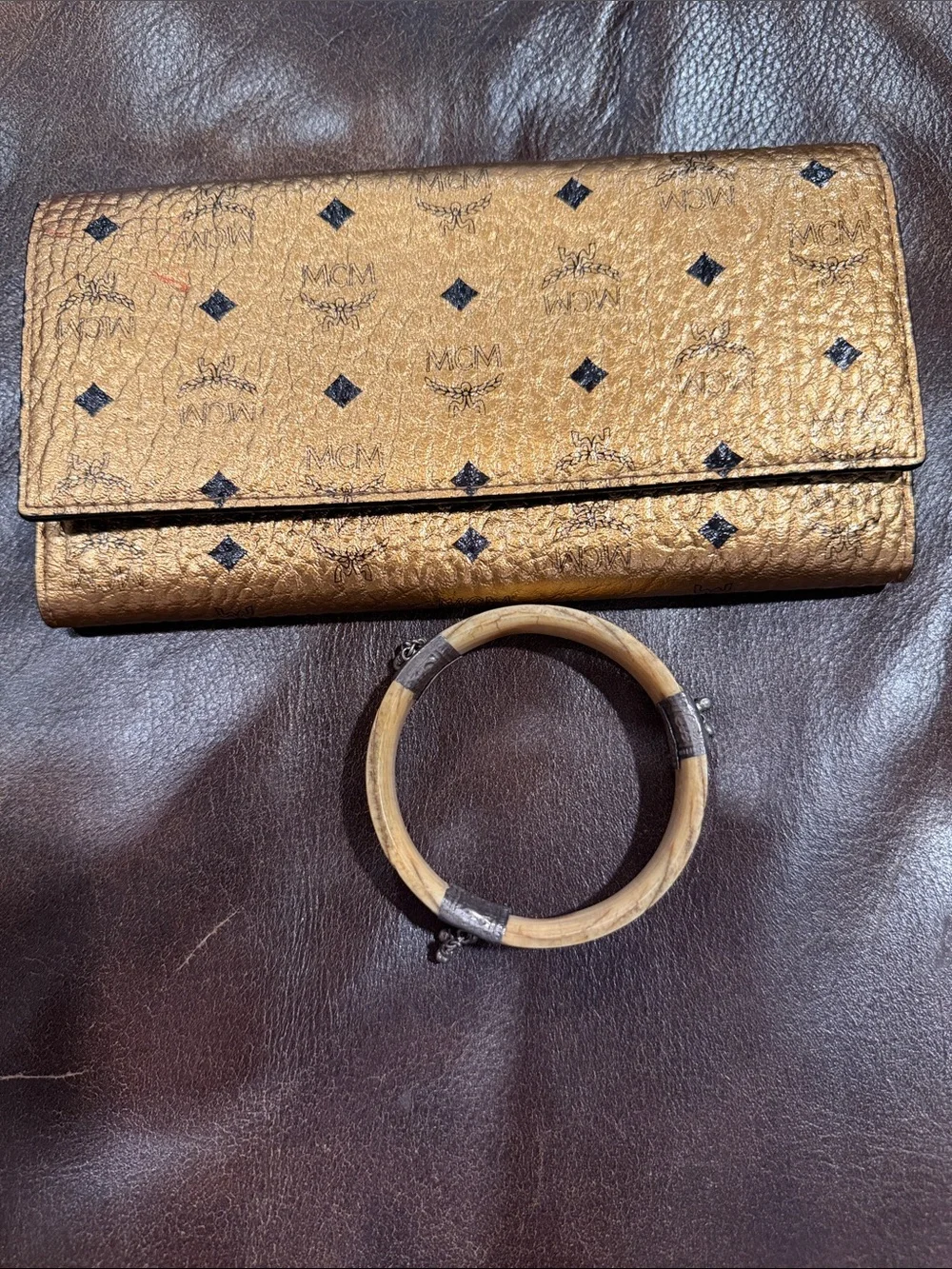 MCM Metallic Gold Logo Fold Wallet